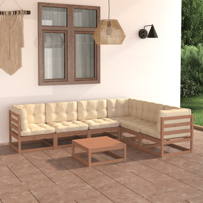7 Piece Garden Lounge Set&Cushions Honey Brown Solid Pinewood