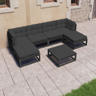 7 Piece Garden Lounge Set with Cushions Black Solid Pinewood