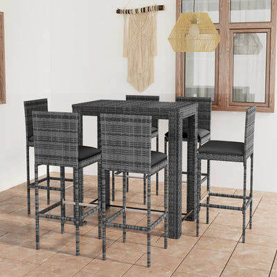 7 Piece Outdoor Bar Set with Cushions Poly Rattan Grey