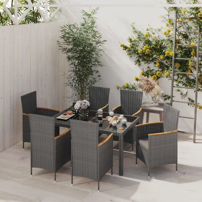 7 Piece Outdoor Dining Set with Cushions Poly Rattan Black and Grey
