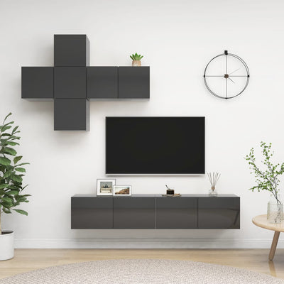 7 Piece TV Cabinet Set High Gloss Grey Engineered Wood