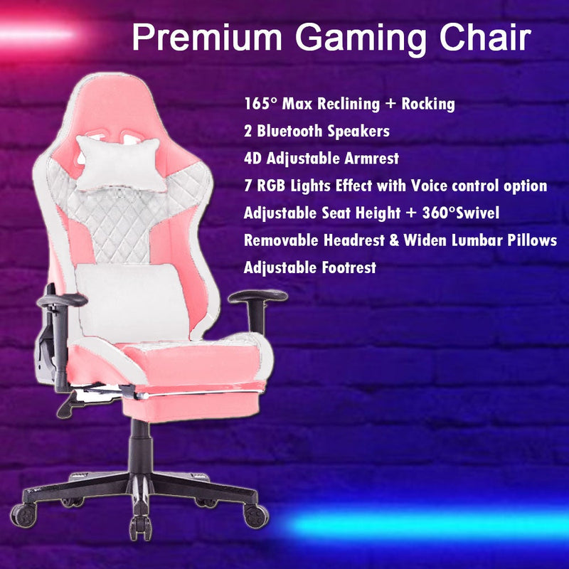 7 RGB Lights Bluetooth Speaker Gaming Chair Ergonomic Racing chair 165° Reclining Gaming Seat 4D Armrest Footrest Pink White Payday Deals