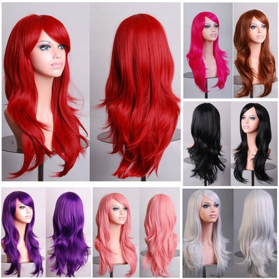 70cm Wavy Curly Sleek Full Hair Lady Wigs w Side Bangs Cosplay Costume Womens, Burgundy Payday Deals