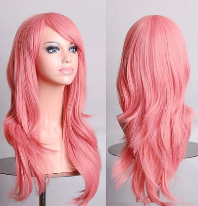 70cm Wavy Curly Sleek Full Hair Lady Wigs w Side Bangs Cosplay Costume Womens, Pink