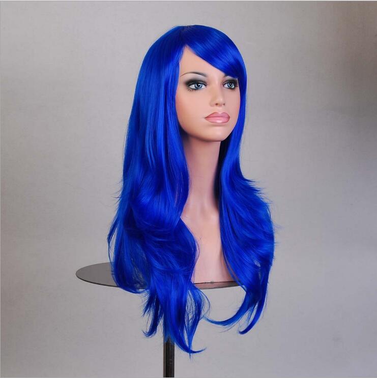 70cm Wavy Curly Sleek Full Hair Lady Wigs w Side Bangs Cosplay Costume Womens, Royal Blue Payday Deals