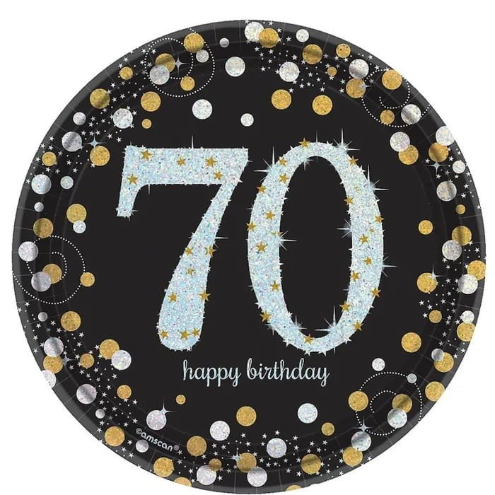 70th Birthday Sparkling Black Dinner Plates 8 Pack Payday Deals