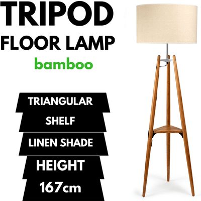 167cm Large Bamboo Wooden Tripod Floor LampLight Vintage Modern Linen Shade