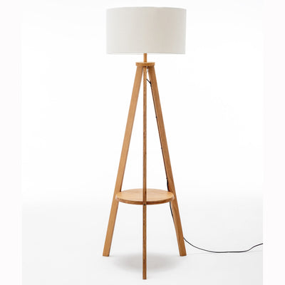 Natural Wooden Tripod Floor Lamp w/ Round Wood Shelf + Off White Linen Shade