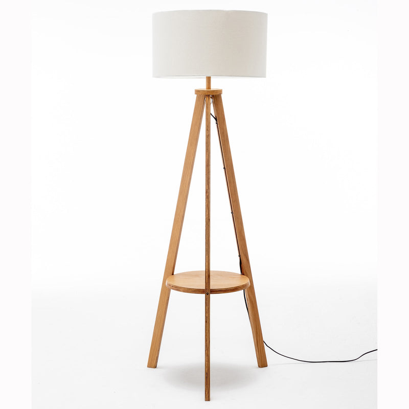Natural Wooden Tripod Floor Lamp w/ Round Wood Shelf + Off White Linen Shade