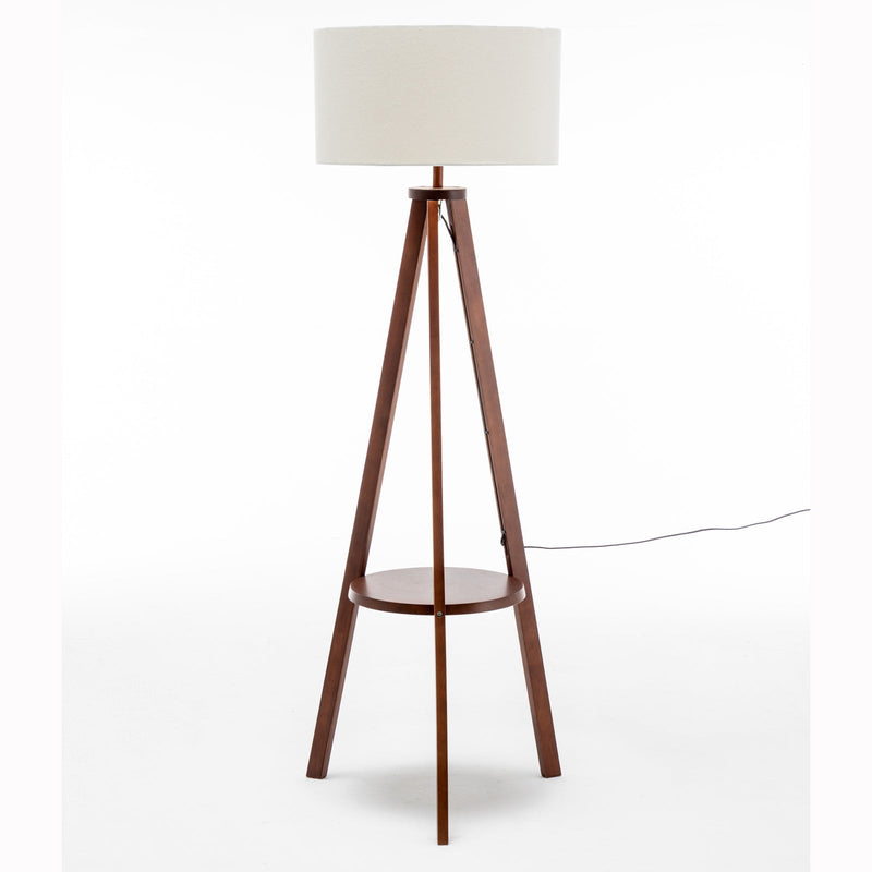 Natural Wooden Tripod Floor Lamp w/ Round Shelf + Off White Linen Shade - Cherry