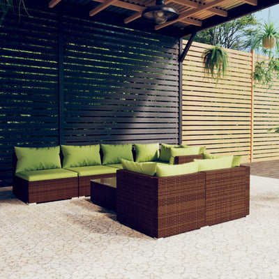 8 Piece Garden Lounge Set with Cushions Brown Poly Rattan