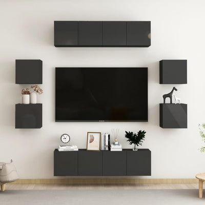 8 Piece TV Cabinet Set High Gloss Black Engineered Wood