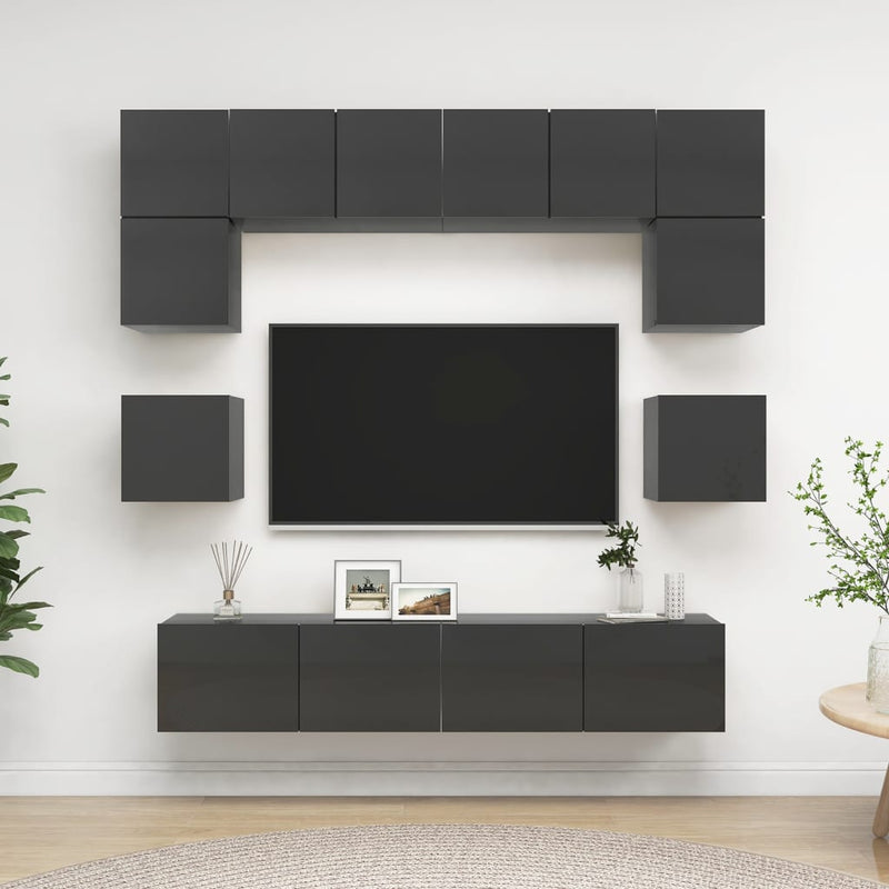 8 Piece TV Cabinet Set High Gloss Grey Chipboard Payday Deals