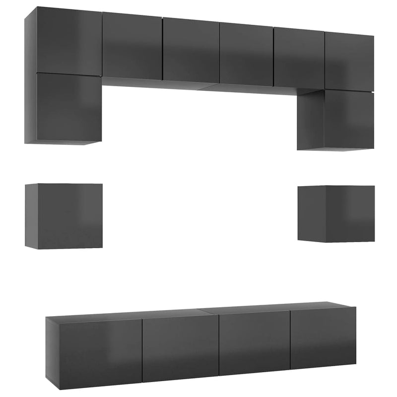 8 Piece TV Cabinet Set High Gloss Grey Chipboard Payday Deals