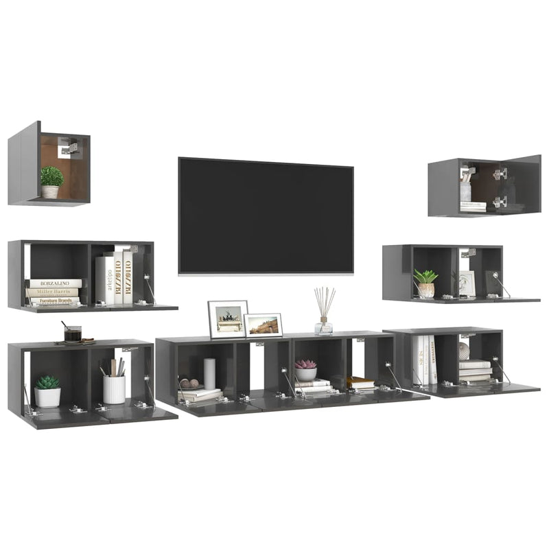 8 Piece TV Cabinet Set High Gloss Grey Engineered Wood Payday Deals