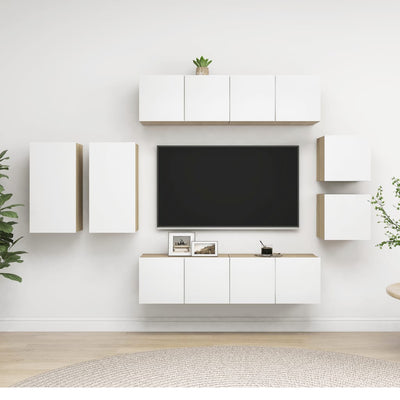 8 Piece TV Cabinet Set White and Sonoma Oak Engineered Wood