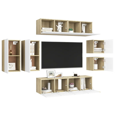 8 Piece TV Cabinet Set White and Sonoma Oak Engineered Wood Payday Deals