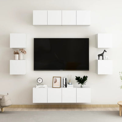 8 Piece TV Cabinet Set White Engineered Wood