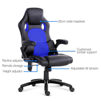 8 Point PU Leather Reclining Heated Massage Chair - Blue