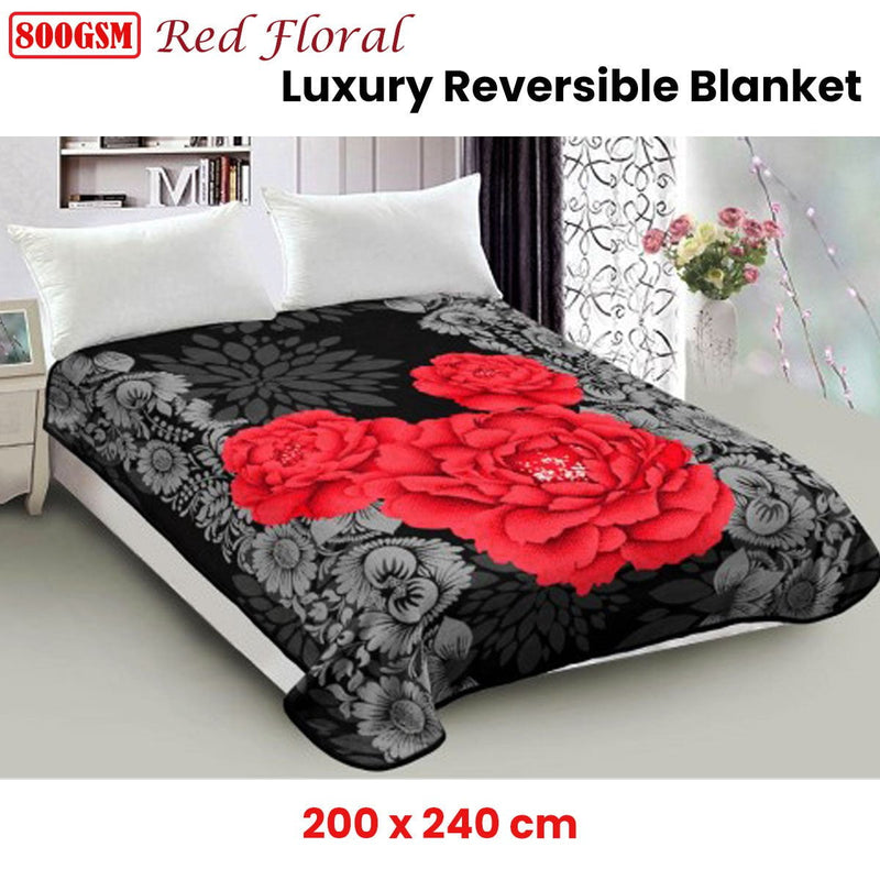 800GSM Luxury Reversible Mink Blanket Red Floral Queen 200 x 240 cm Payday Deals