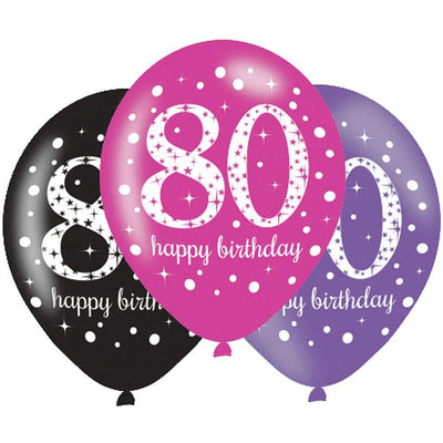 80th Birthday Sparkling Pink Celebration Latex Balloons 6 Pack