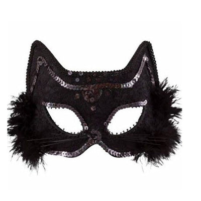 Fancy Black Cat Marabou Mask Costume Accessory
