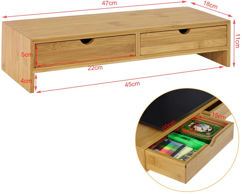VIKUS Bamboo Monitor Stand Desk Organizer with 2 Drawers