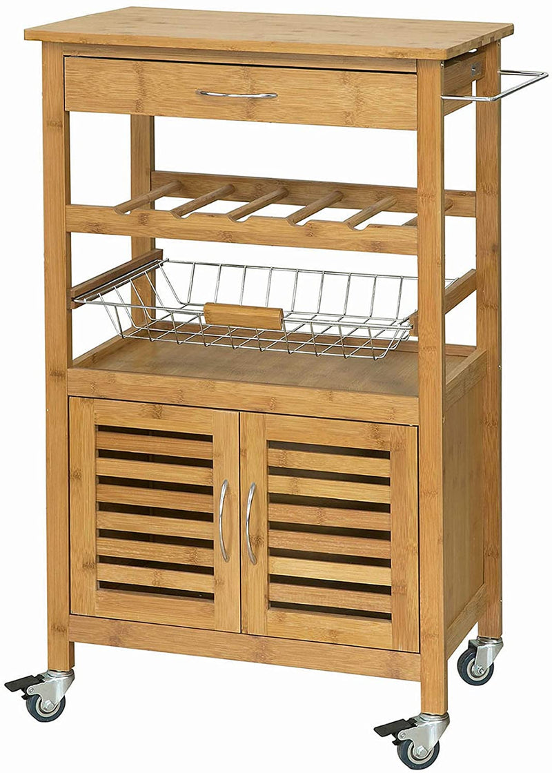VIKUS Bamboo Kitchen Storage Trolley with Wine Rack