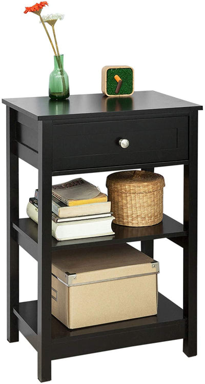 VIKUS Black Bedside Table with 1 Drawer and 2 Shelves