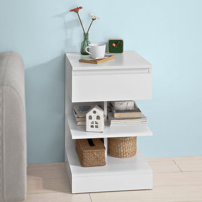 VIKUS White Side Table Bedside Table with 1 Drawer and 3 Shelves