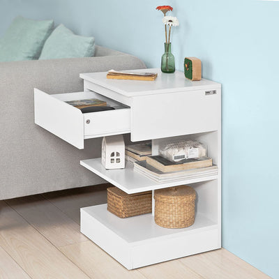VIKUS White Side Table Bedside Table with 1 Drawer and 3 Shelves