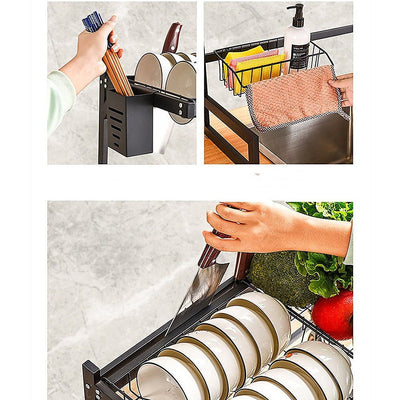 85cm Dish Drying Rack Drainer Over Sink Steel Cup Cutlery Organizer 2 Tier Payday Deals