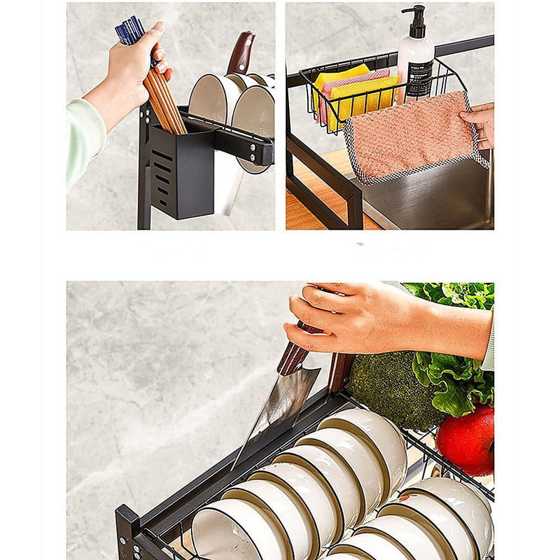 85cm Dish Drying Rack Drainer Over Sink Steel Cup Cutlery Organizer 2 Tier Payday Deals