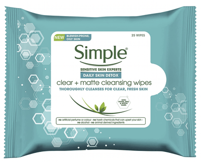 Simple Daily Skin Detox Clear + Matte Cleansing Wipes - 1 Pack of 25 Wipes