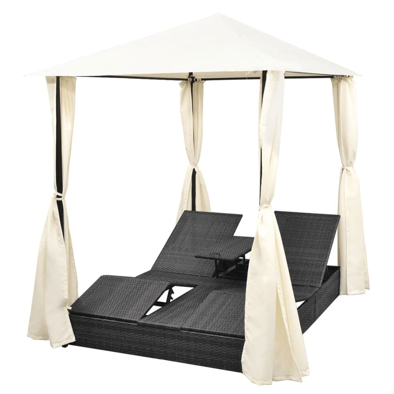 Double Sun Lounger with Curtains Poly Rattan Black