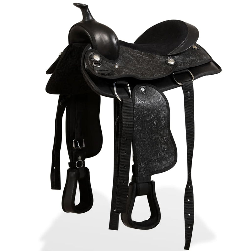 Western Saddle, Headstall&Breast Collar Real Leather 12" Black