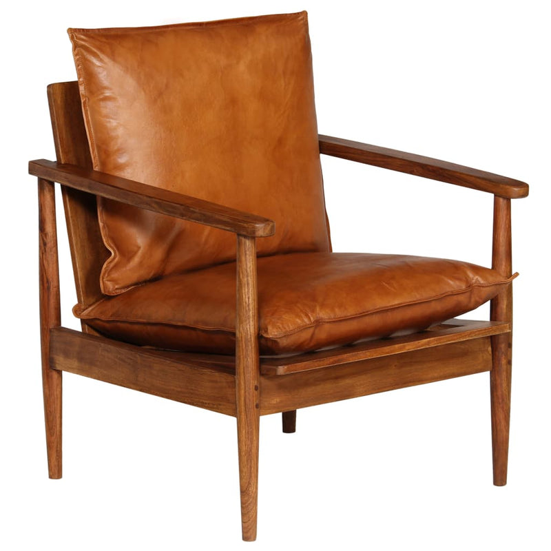 Armchair Brown Real Leather with Acacia Wood