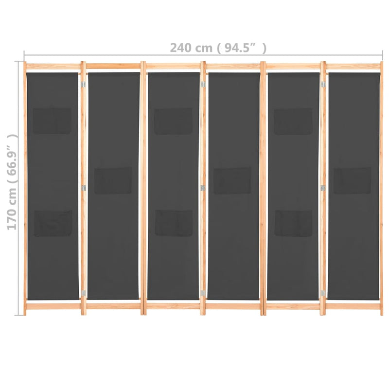6-Panel Room Divider Grey 240x170x4 cm Fabric