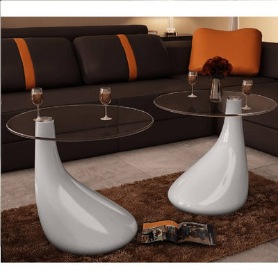 Coffee Table 2 pcs with Round Glass Top High Gloss White - Payday Deals