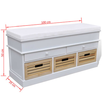 White Storage & Entryway Bench with Cushion Top 2 Draw 3 Crate - Payday Deals