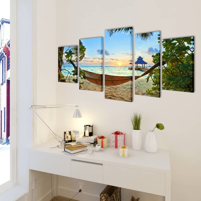Canvas Wall Print Set Sand Beach with Hammock 100 x 50 cm - Payday Deals