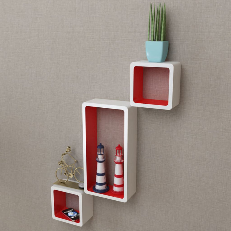 3 White-red MDF Floating Wall Display Shelf Cubes Book/DVD Storage - Payday Deals