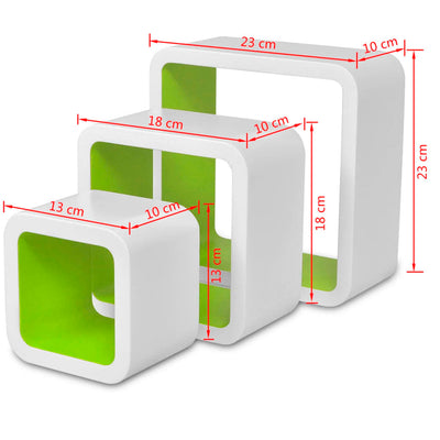 3 White-green MDF Floating Wall Display Shelf Cubes Book/DVD Storage