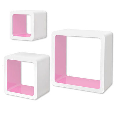 3 White-pink MDF Floating Wall Display Shelf Cubes Book/DVD Storage - Payday Deals