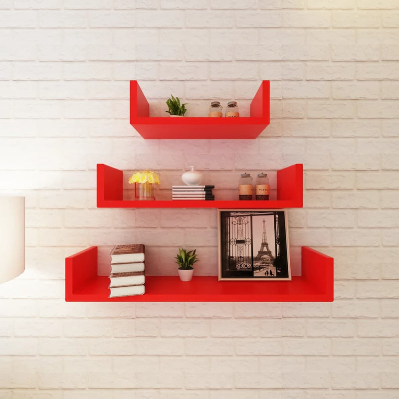 3 Red MDF U-shaped Floating Wall Display Shelves Book/DVD Storage - Payday Deals