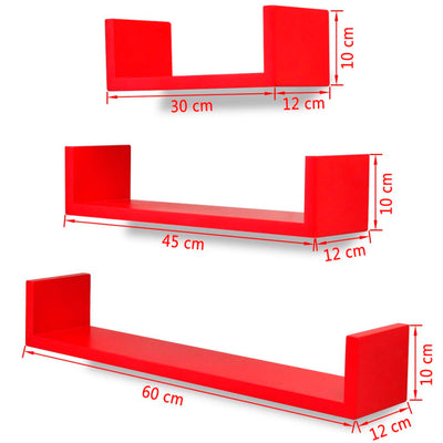 3 Red MDF U-shaped Floating Wall Display Shelves Book/DVD Storage - Payday Deals