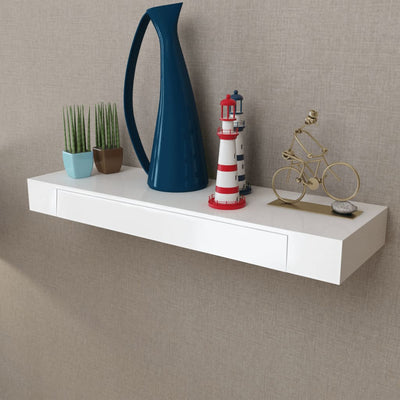 White MDF Floating Wall Display Shelf 1 Drawer Book/DVD Storage - Payday Deals