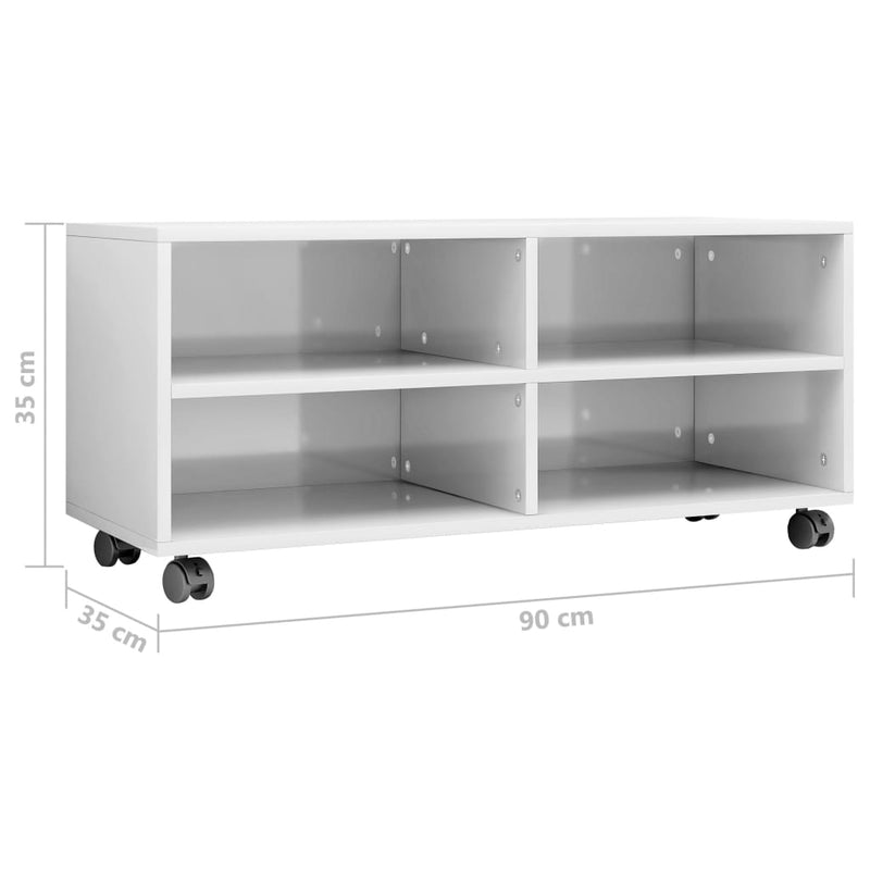 TV Cabinet with Castors High Gloss White 90x35x35 cm Engineered Wood
