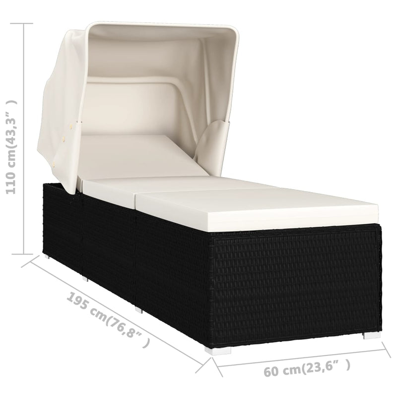 Sun Lounger with Canopy and Cushion Poly Rattan Cream White