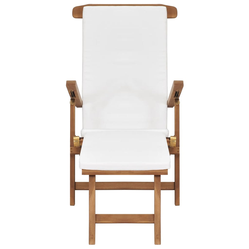 Deck Chair with Cushion Cream White Solid Teak Wood